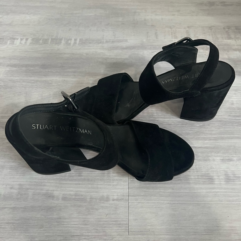 Stuart Weitzman Black Suede Ankle Block Heel Sandal 7M